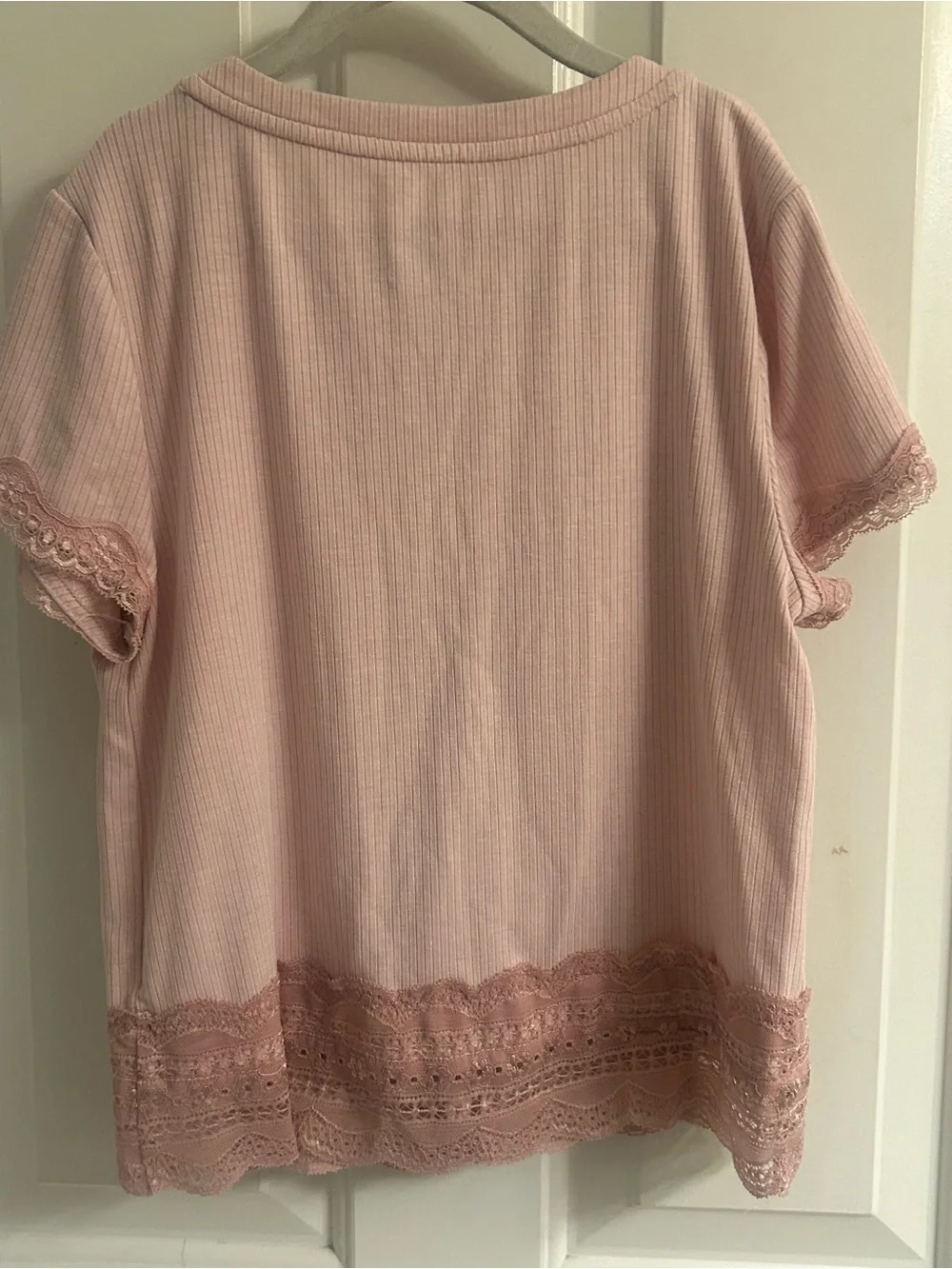 Girls Justice Pink Ribbed Lace-Trim Button-Front Short Sleeve Top